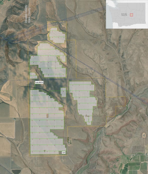 Technical drawing of the proposed site layout in Grant County, Washington. Shaded areas where solar PV arrays and other equipment will be sited against a rural landscape of undulating topography.