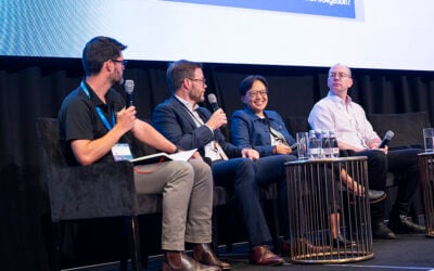 'The developer conundrum - challenges to operations' panel at Energy Storage Summit Australia 2025 in Sydney with (L-R) moderator Simon Mason, Everoze, Killian Wentrup, Acen Energy, Daphne Yao, Valent Energy and Tom Best, Eku Energy. Image: Solar Media